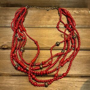 Premier Designs Multi-Strand Brick Red and Brass Beaded Necklace d